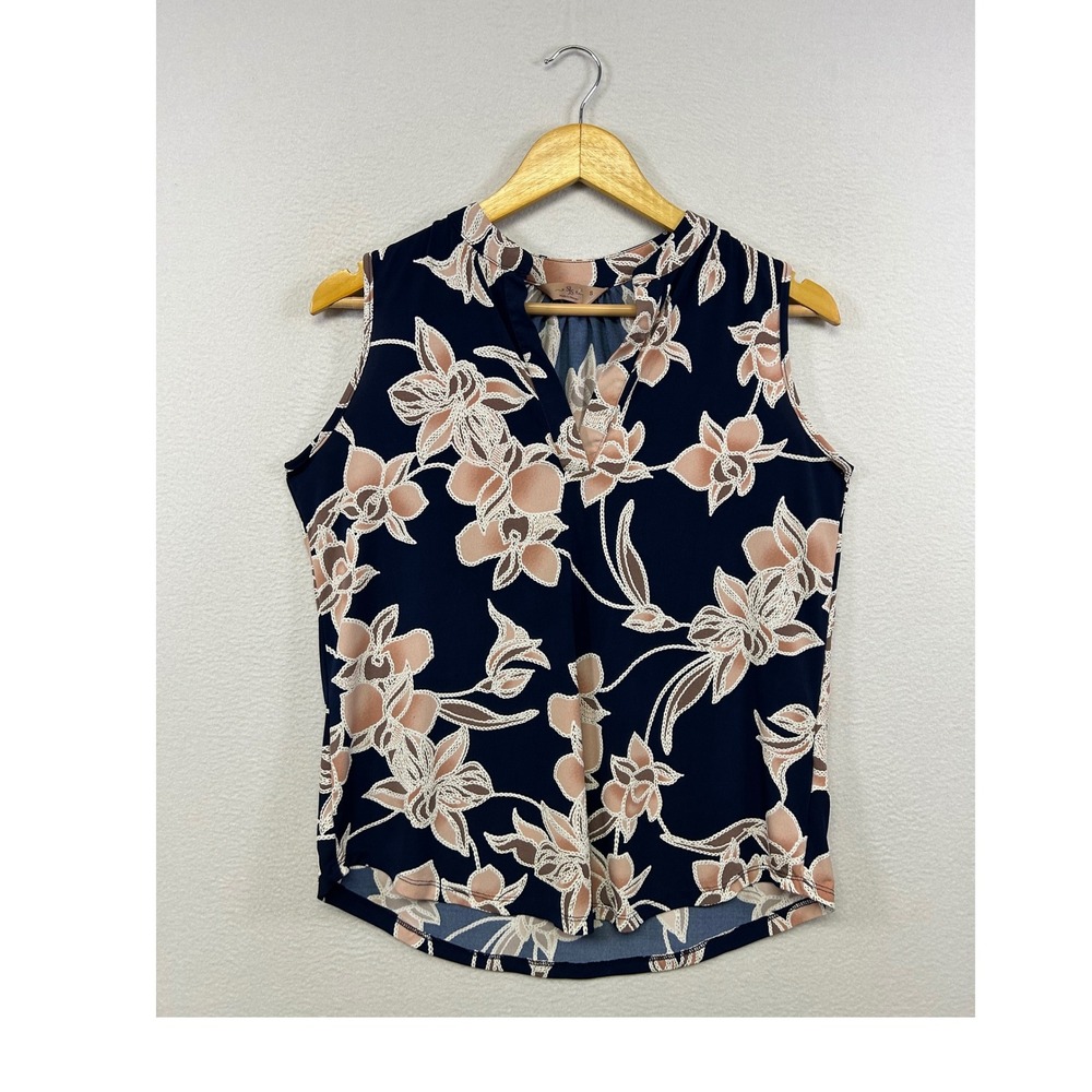 SJS Floral Print Split Neck Sleeveless Blouse Womens Small Navy Blue T8004-RM